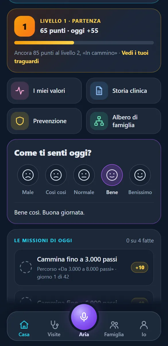 Casa: il livello con i punti di oggi, «Come ti senti oggi?» e le missioni del giorno.