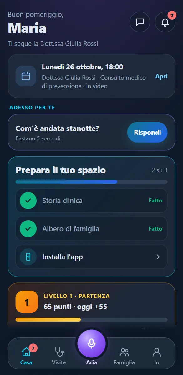 Casa dell'app: il prossimo consulto, la domanda del mattino, «Prepara il tuo spazio» e il livello del gioco.