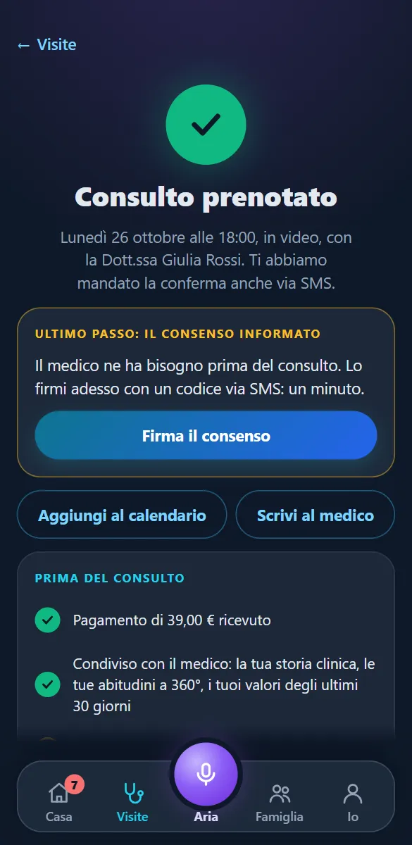 Il consulto prenotato nell'app: il giorno, l'ora e i passi da fare prima.