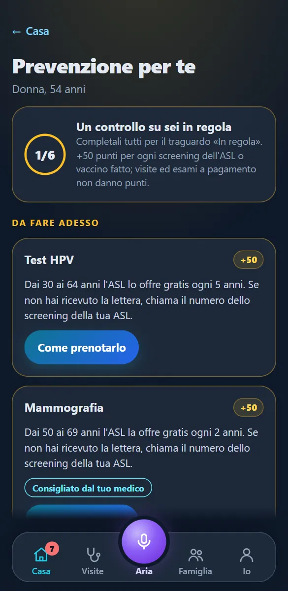 Prevenzione per te: gli screening offerti dall'ASL per l'età e il sesso, con i punti del gioco.
