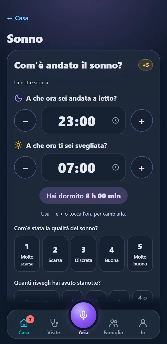 La domanda del mattino sul sonno: ora di letto, ora del risveglio e qualità della notte.
